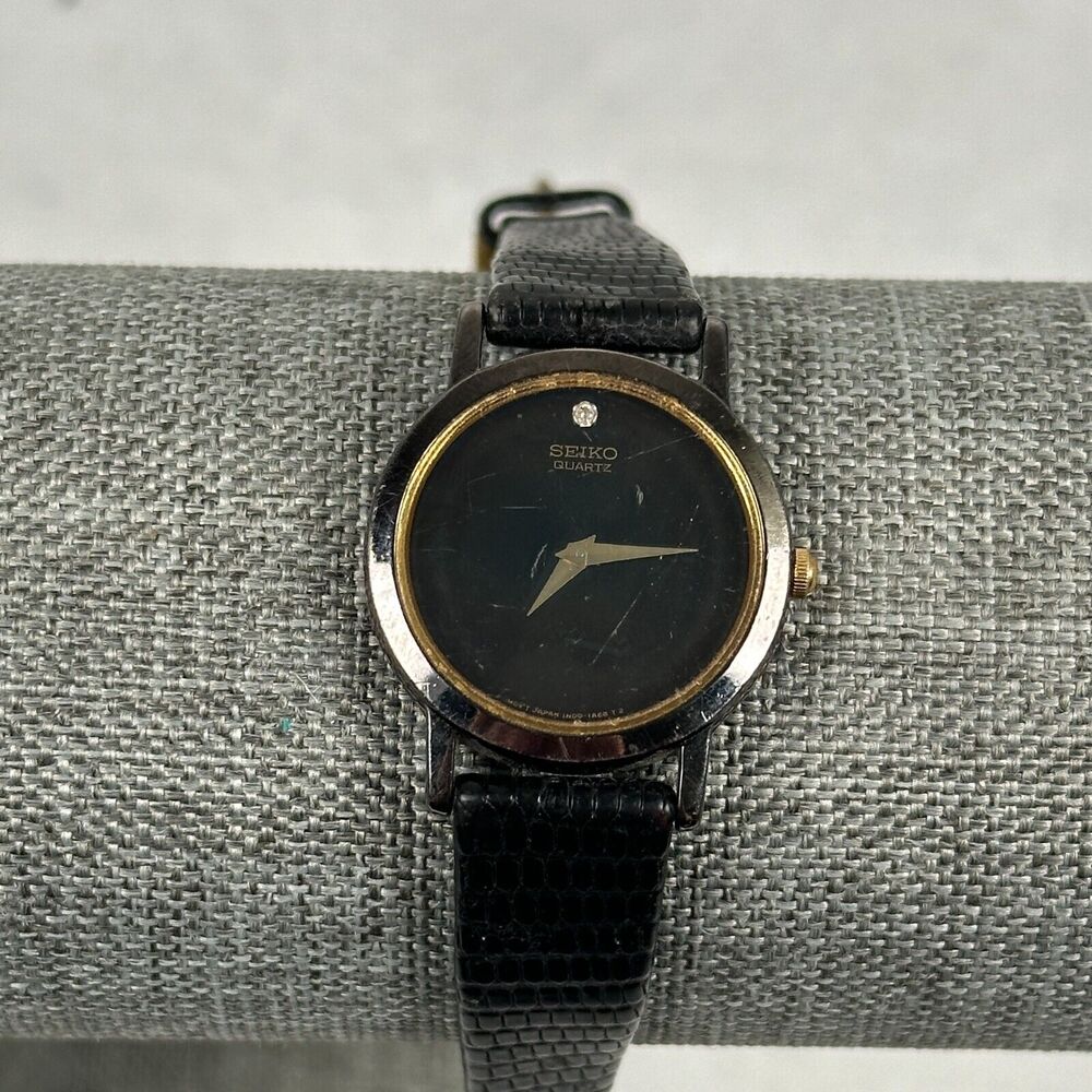 VTG Seiko Watch Womens 25mm Black Gold Tone Diamond Accent Elegant New Battery